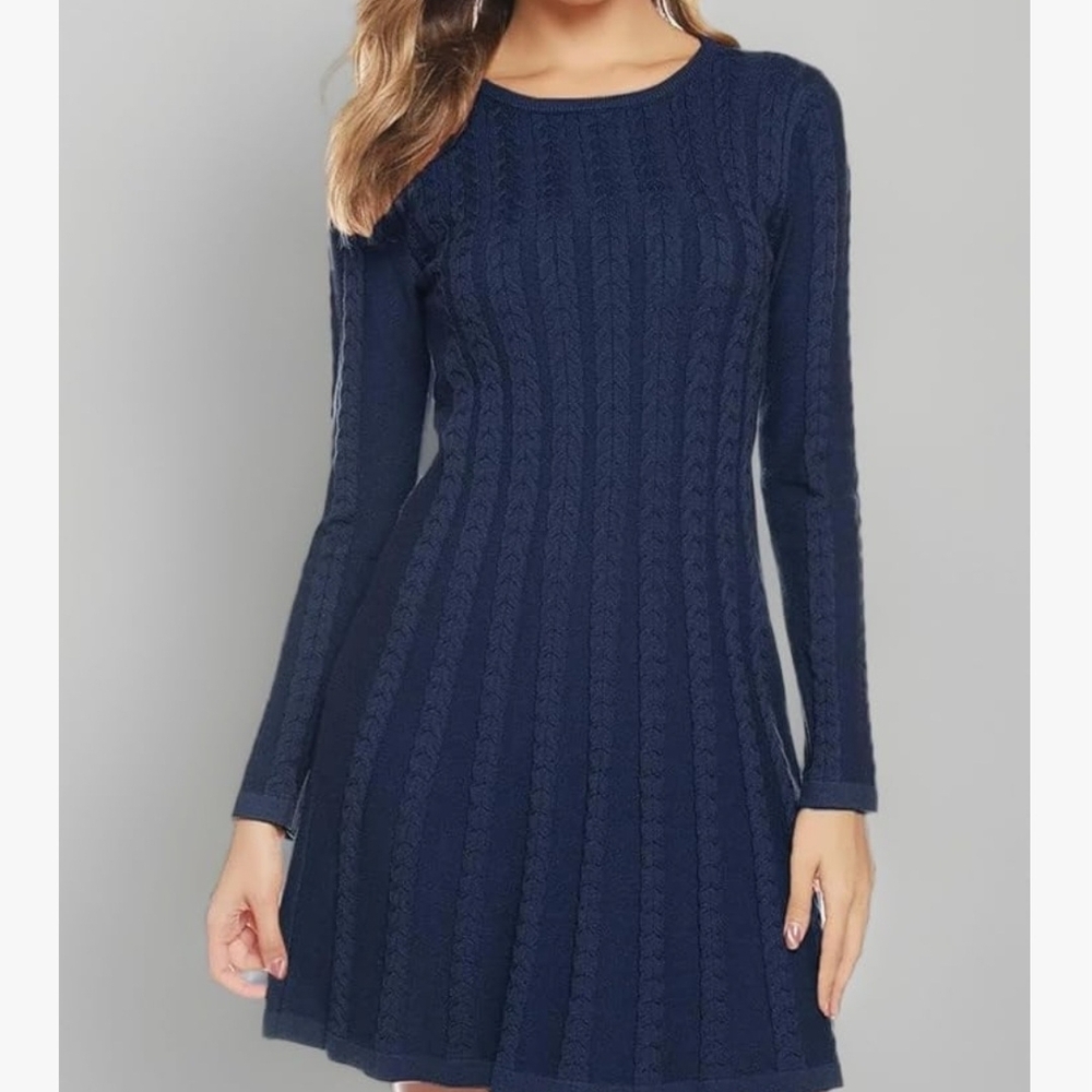 Long Sleeve Navy Cable Knit A-Line Dress